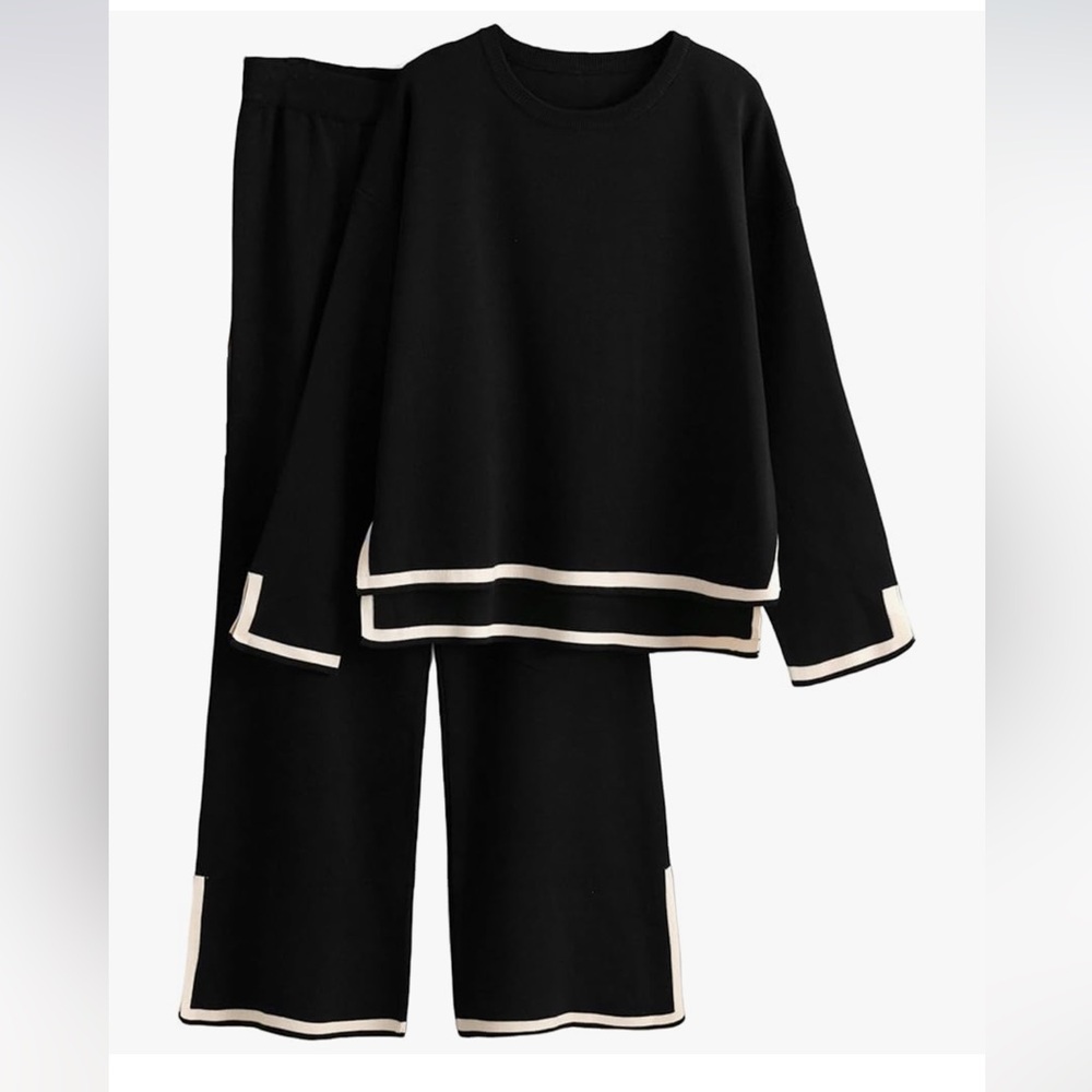 Women’s Knit 2 Piece Long Sleeve Sweater Pullover Top Wide Leg Pants Lounge Set